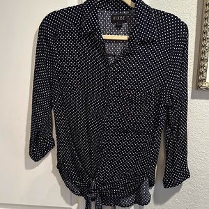 Button down, tie waist, navy polka dot, size small blouse